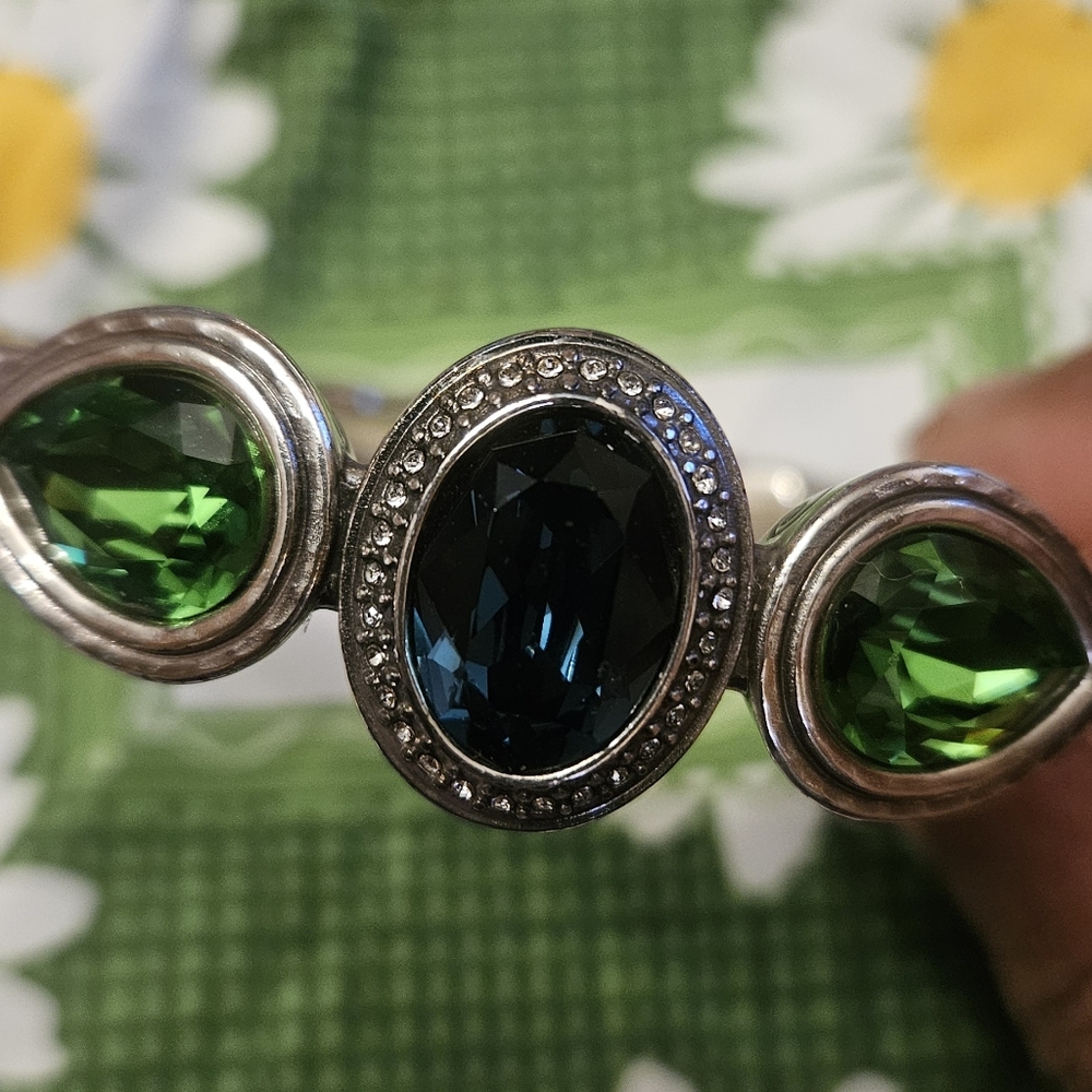 RARE Brighton Silver Hinged Bracelet with Green and Blue Swarovski Crystals
